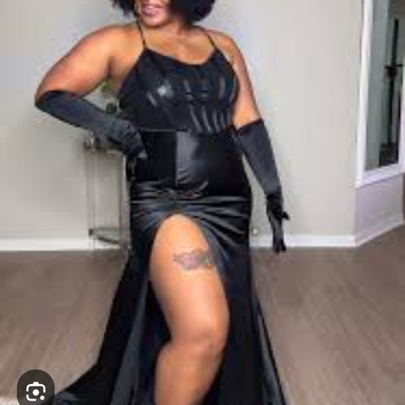 Plus Size Elegant Black Satin Sequin Halter Top Evening Gown - Picture 1 of 5